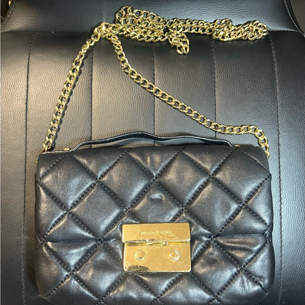Michael Kors Quilted Black Crossbody with Gold Chain
